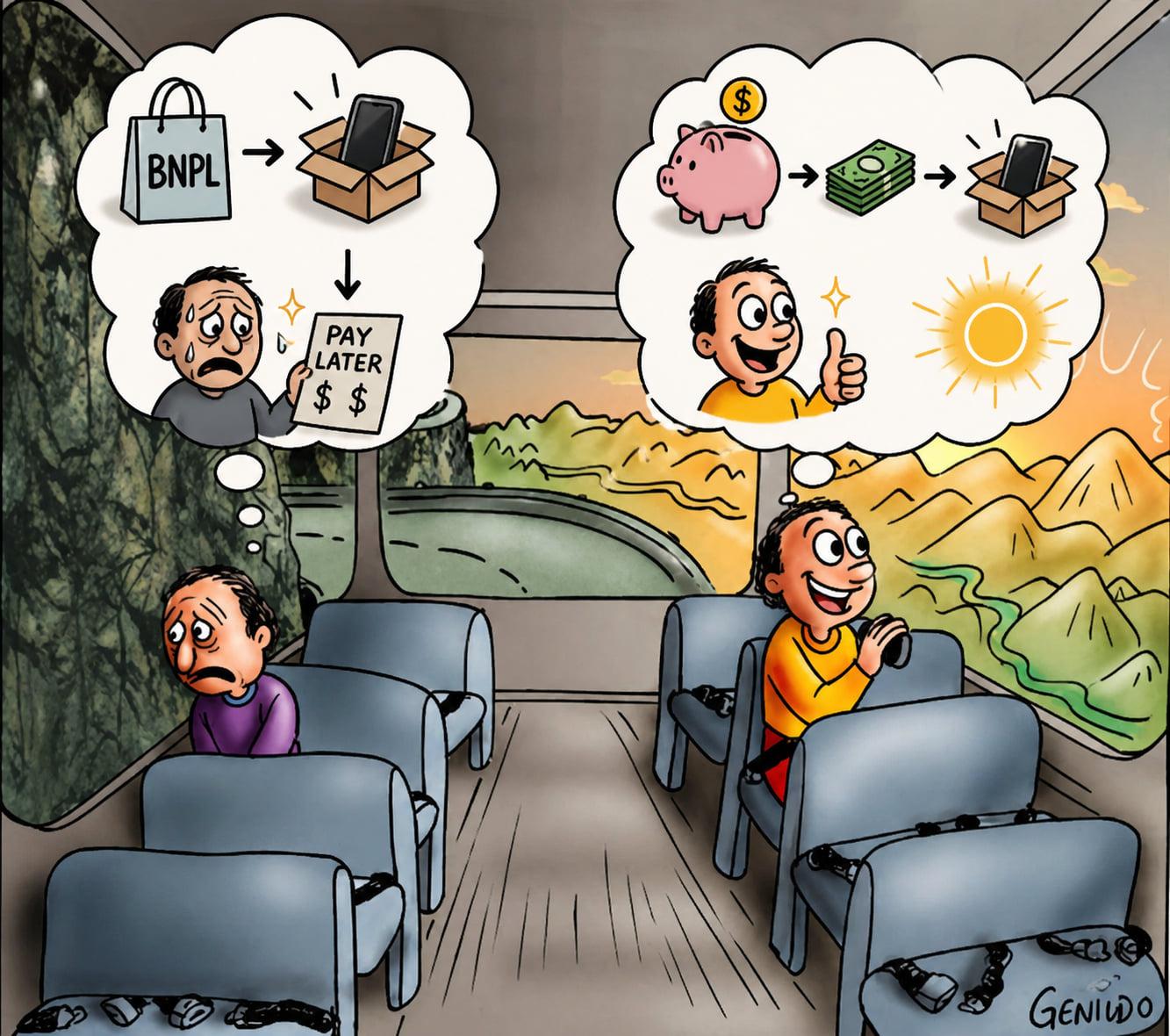 Cartoon of two bus passengers: one dreads a BNPL pay-later bill, the other saved up first and enjoys the ride