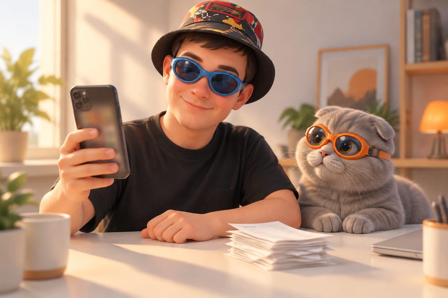 Klim in blue goggles looks at an abstract-screen phone beside a tidy receipt stack on a pale desk.
