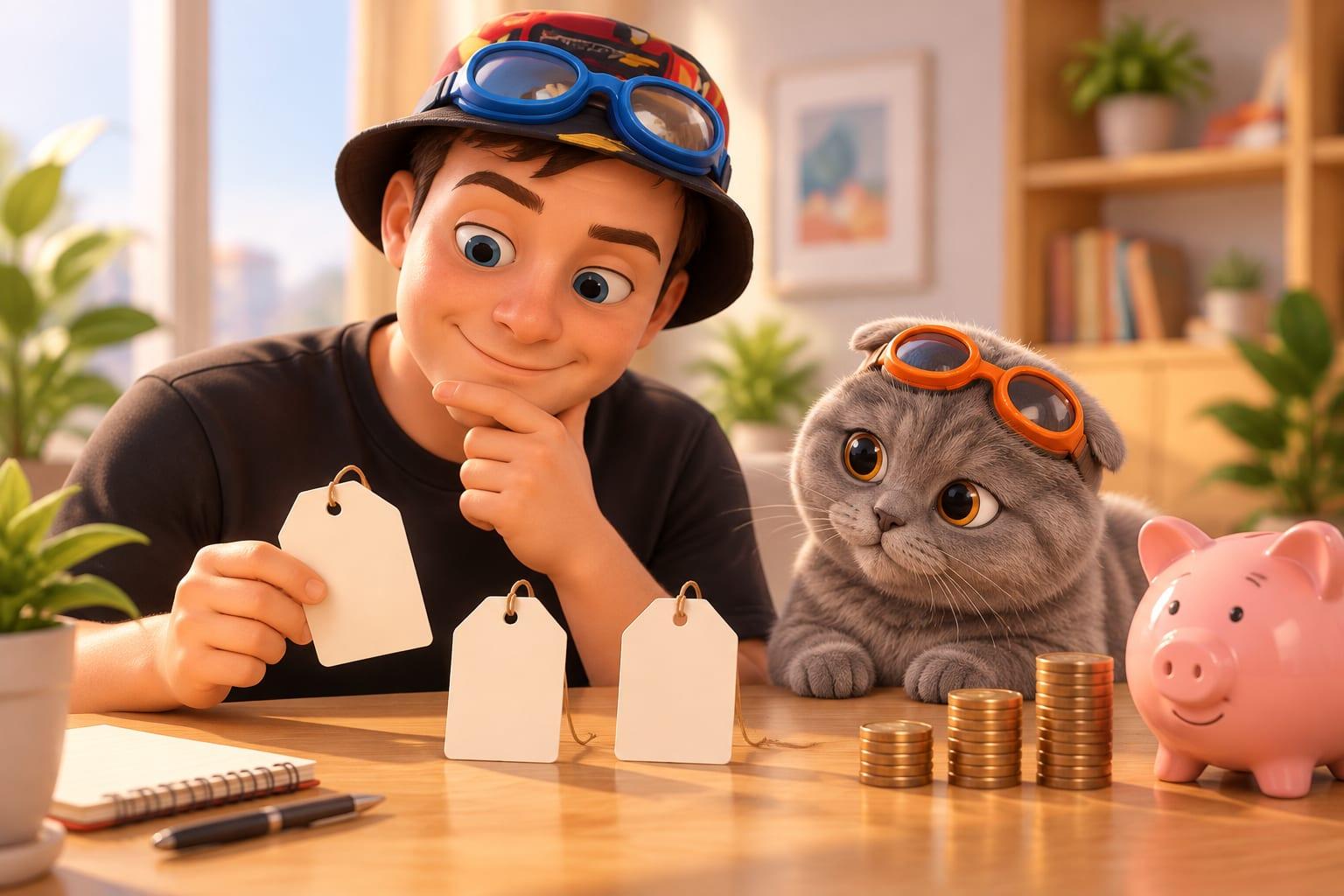 A cartoon character in blue goggles compares three blank price tags on a desk next to coin stacks and a piggy bank, while a cat in orange goggles watches.