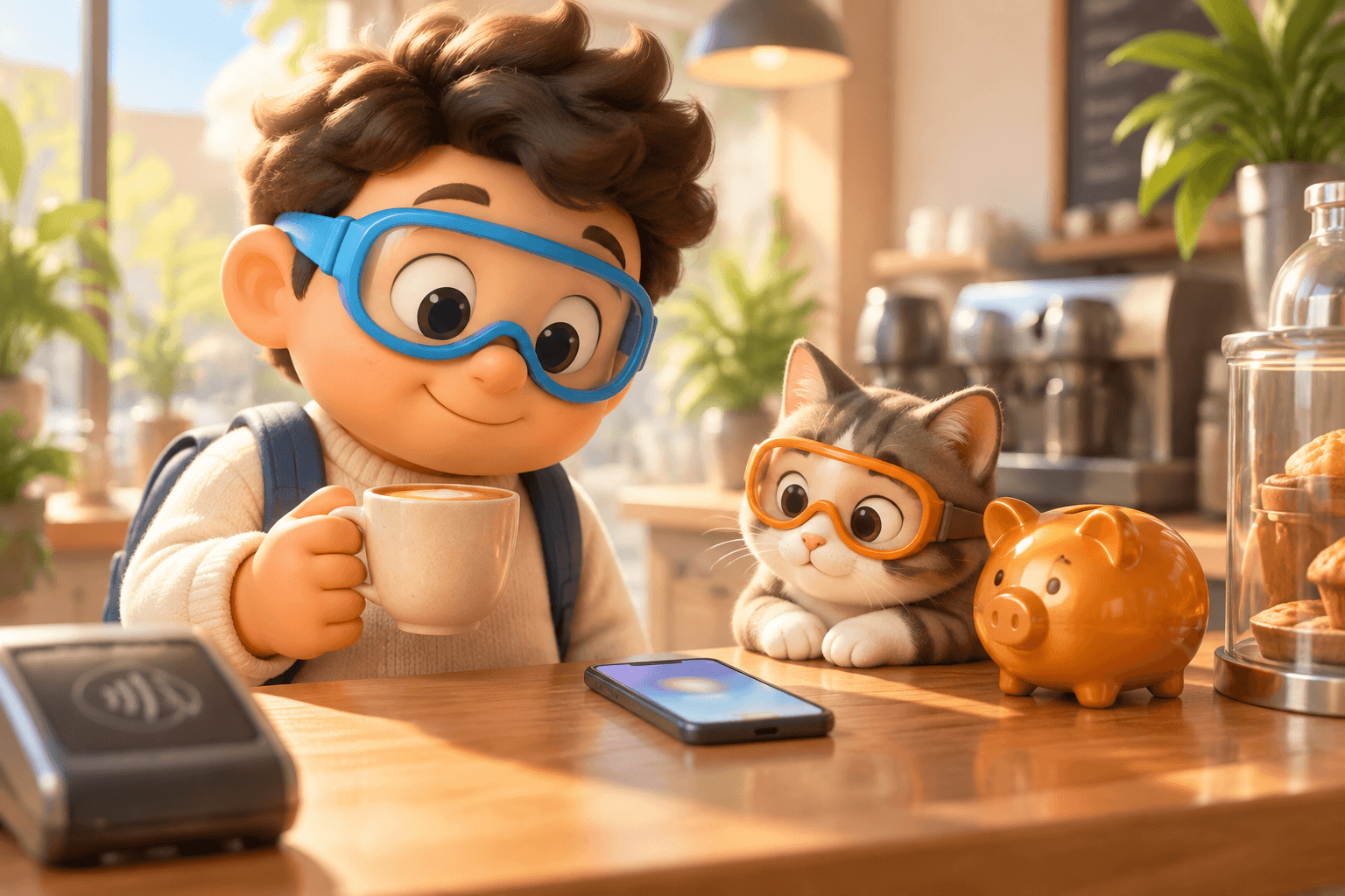 A cartoon character in blue goggles holds a morning coffee at a cafe counter and glances at a phone, next to a cat in orange goggles and an orange piggy bank