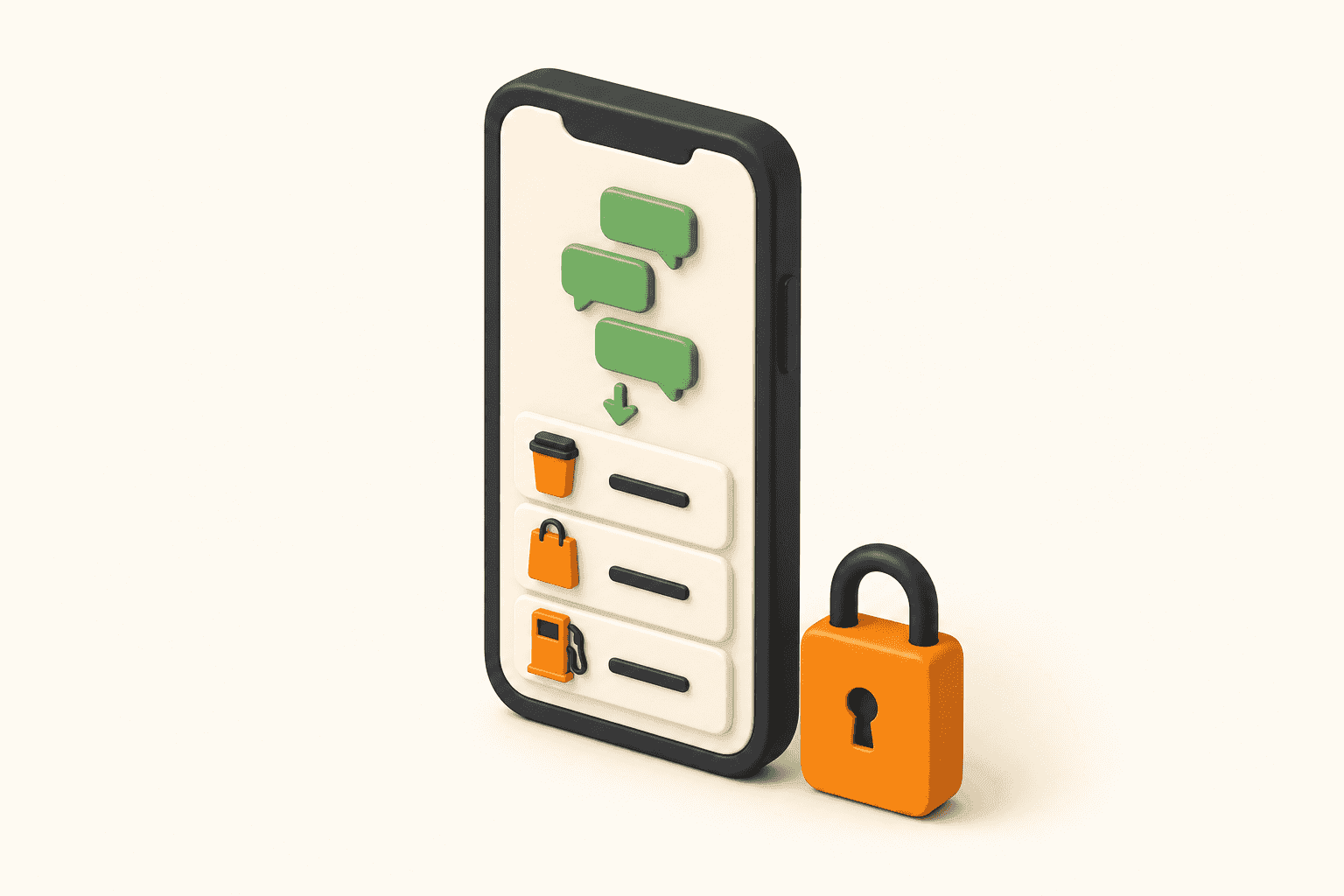 Isometric 3D illustration of a phone turning green SMS bubbles into categorised expense rows, next to a closed orange padlock