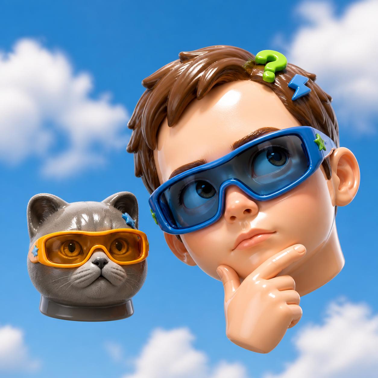 3D illustration of a puzzled character in blue goggles with a question mark overhead, next to a cat in orange goggles