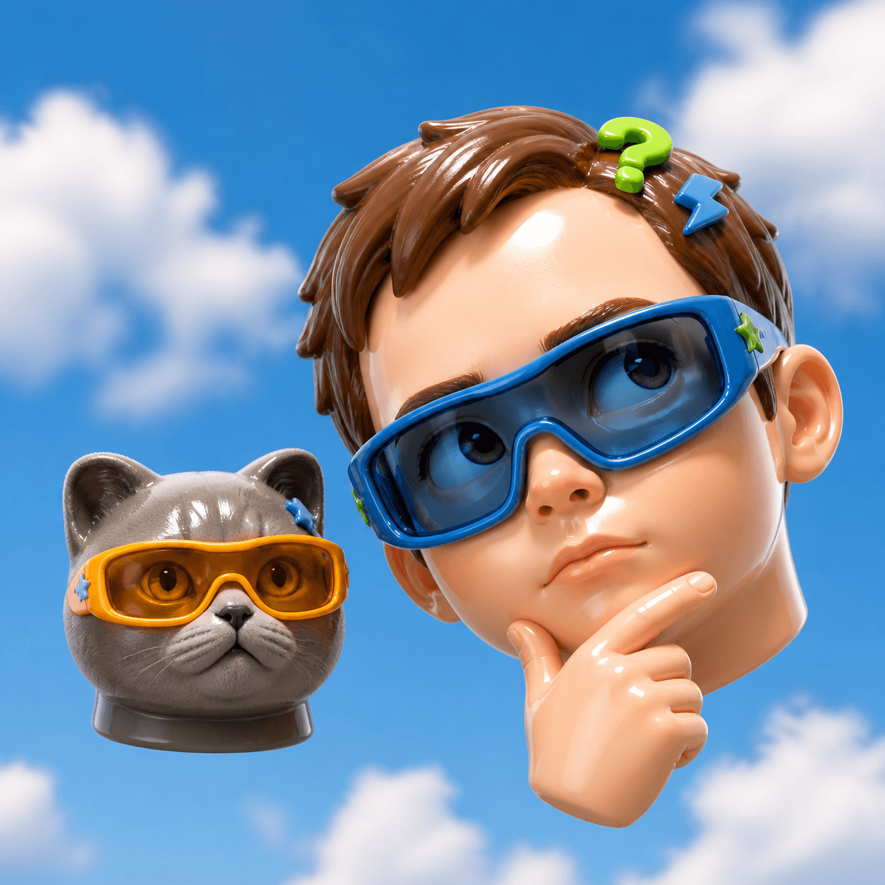3D illustration of a puzzled character in blue goggles with a question mark overhead, next to a cat in orange goggles