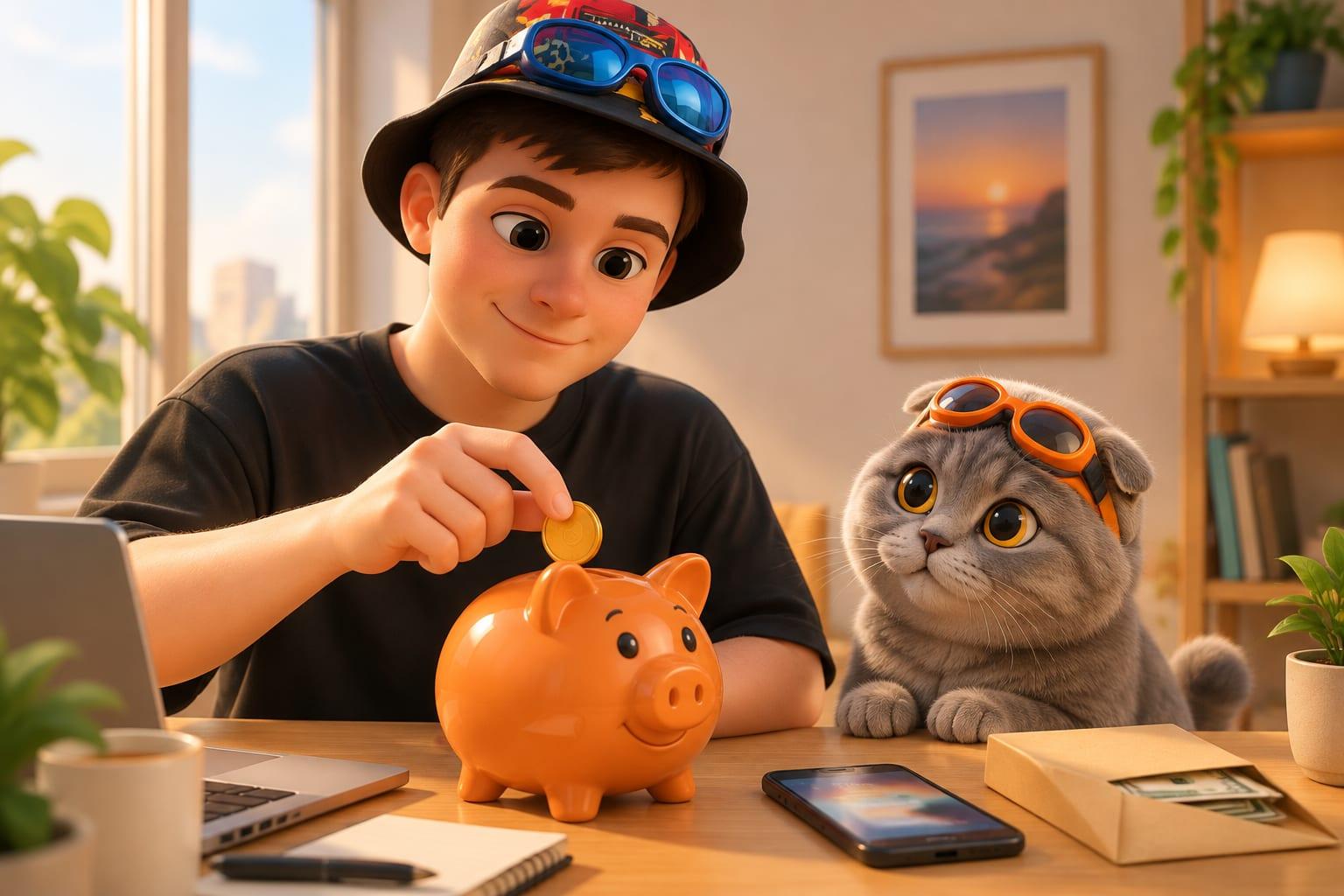 A cartoon character in blue goggles calmly drops a coin into an orange piggy bank at a tidy desk, while a small cat in orange goggles watches beside a phone and a pay envelope.