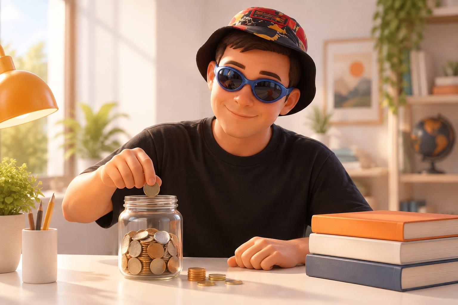 Klim puts a coin into a savings jar beside books on a bright desk, representing a college savings goal.