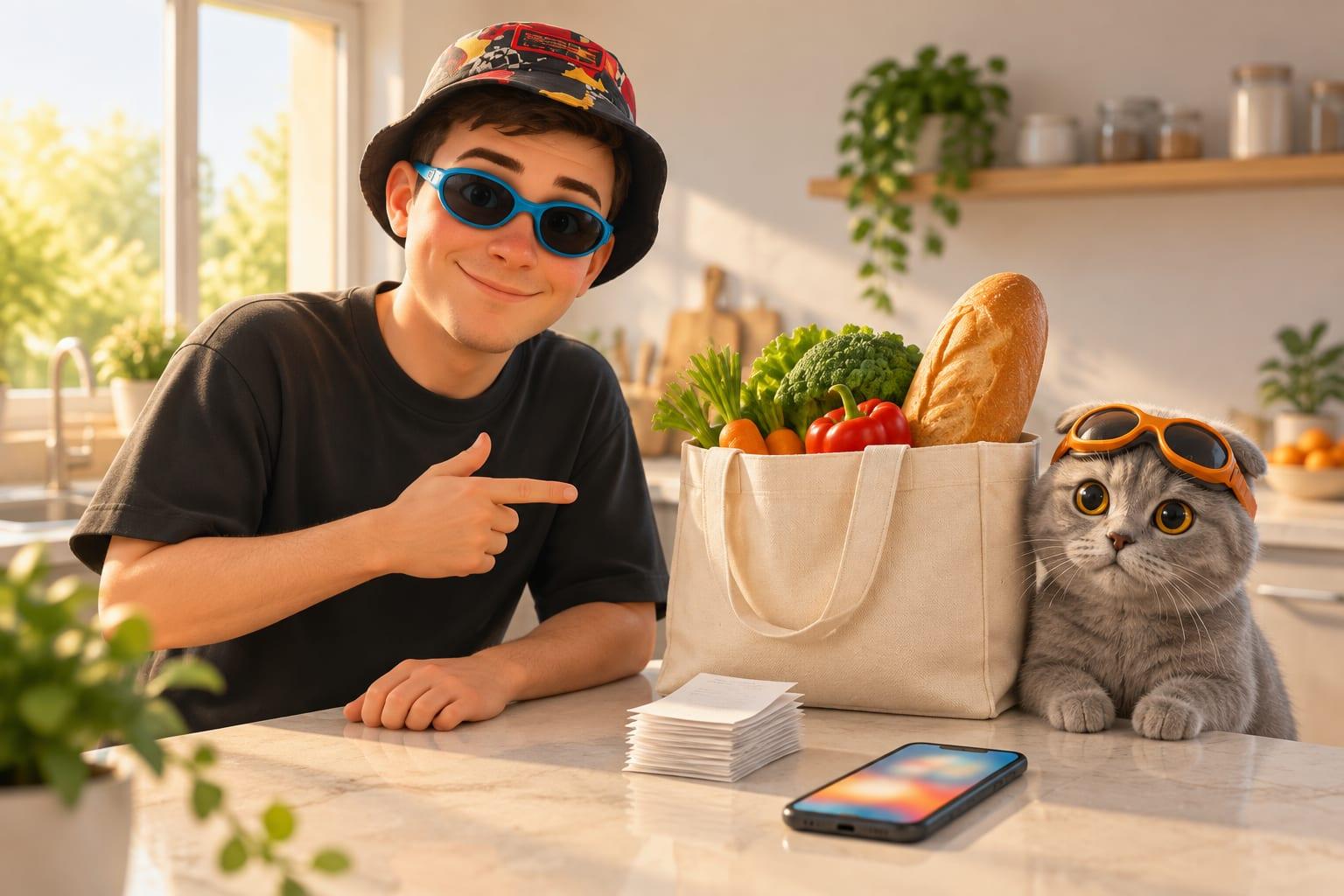 Klim in blue goggles beside a grocery basket, a phone with an abstract screen, and fresh ingredients on a bright kitchen counter.