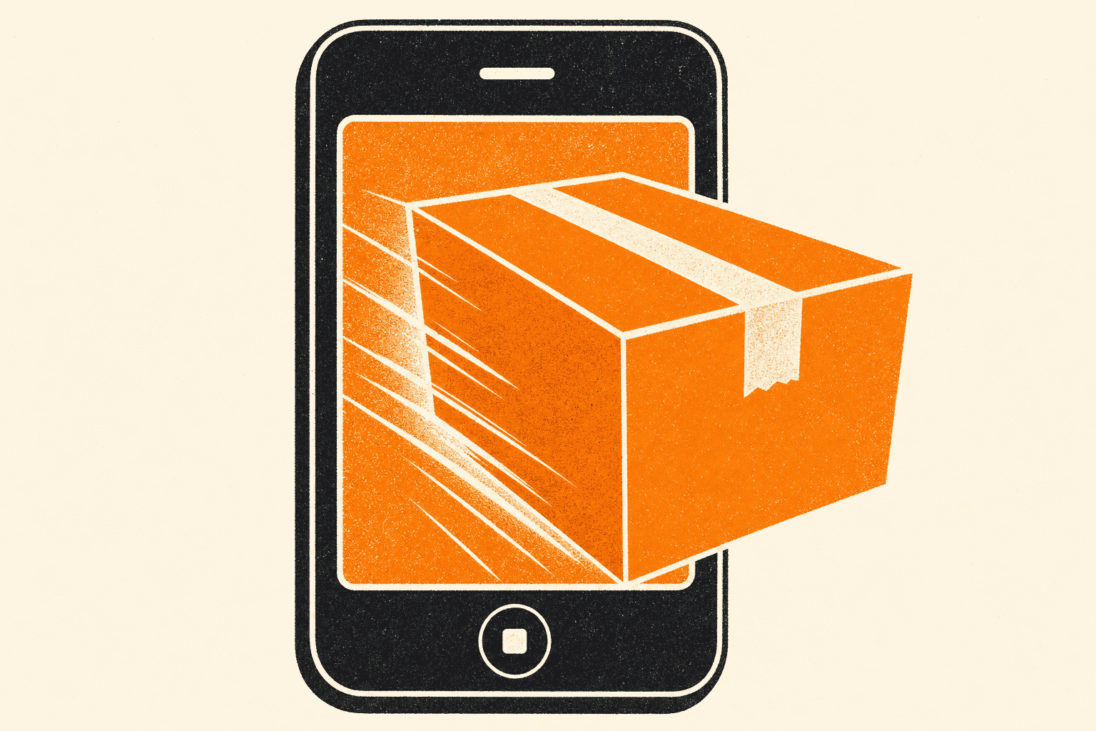 Screen-printed poster illustration of a delivery parcel bursting out of a phone screen on speed lines