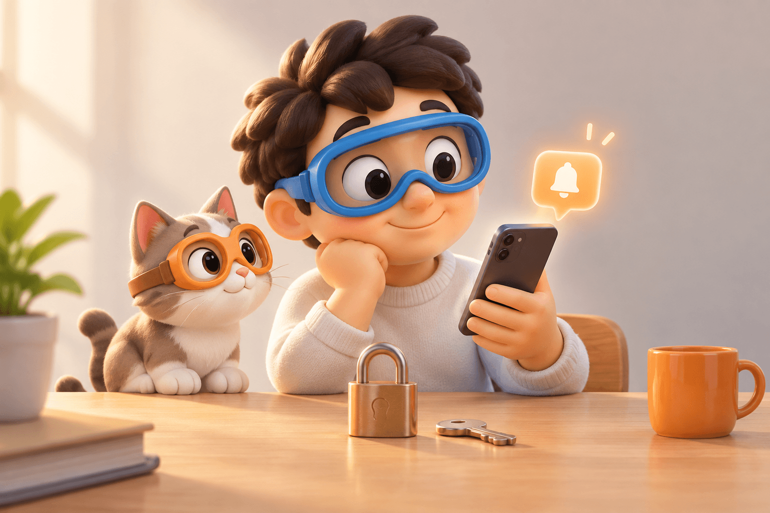 A cartoon character in blue goggles checks a phone at a desk beside a padlock and an unused key, while a cat in orange goggles watches a notification appear