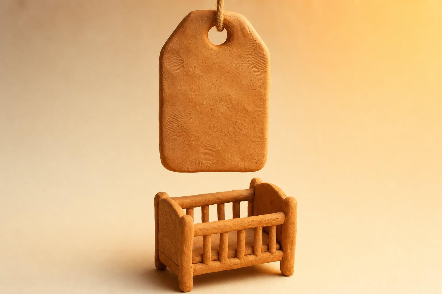 Claymation still of a large blank clay price tag hanging above a small empty clay crib