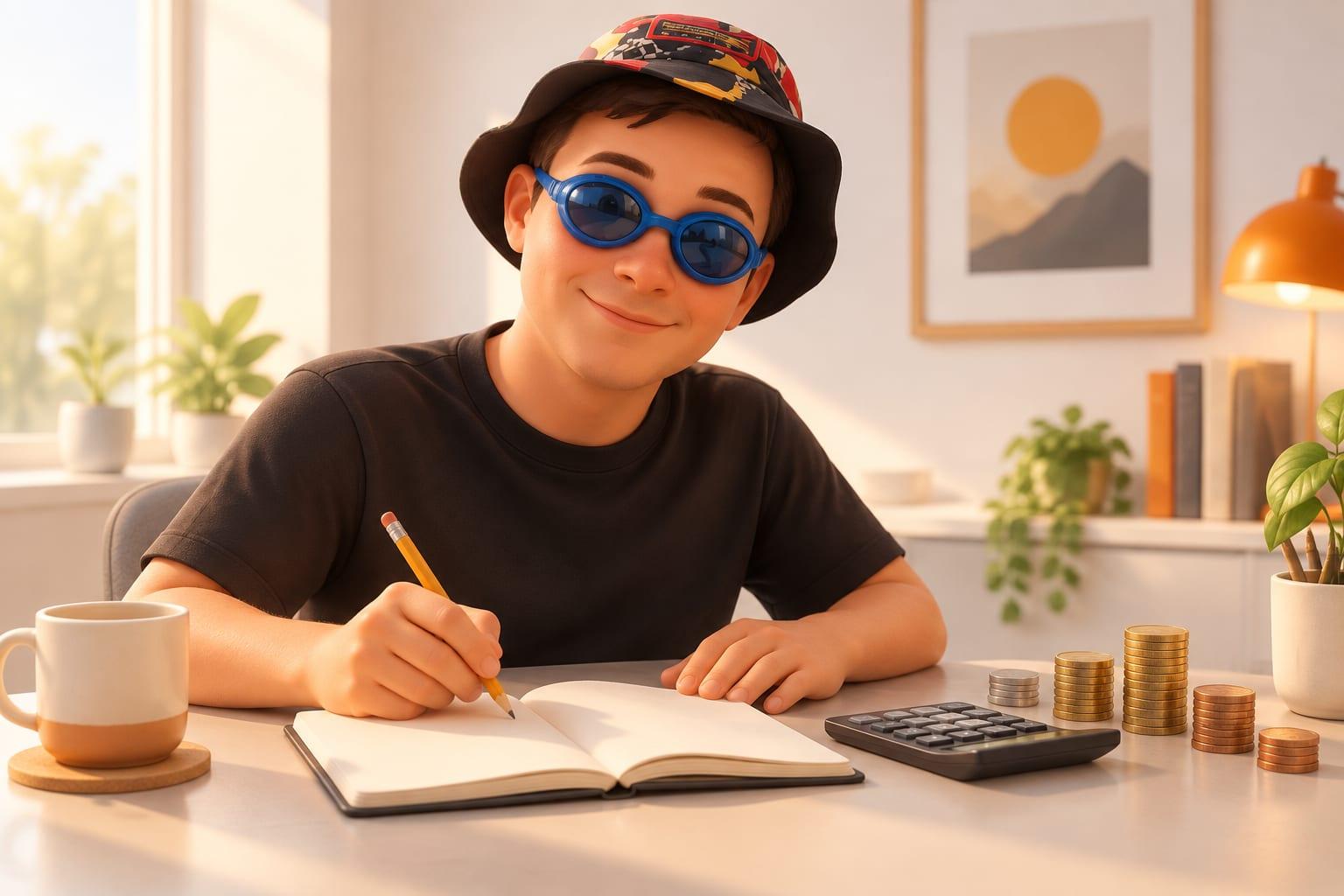 Stylized 3D scene of Klim planning a household budget at a desk with a blank notebook, calculator, and coins.