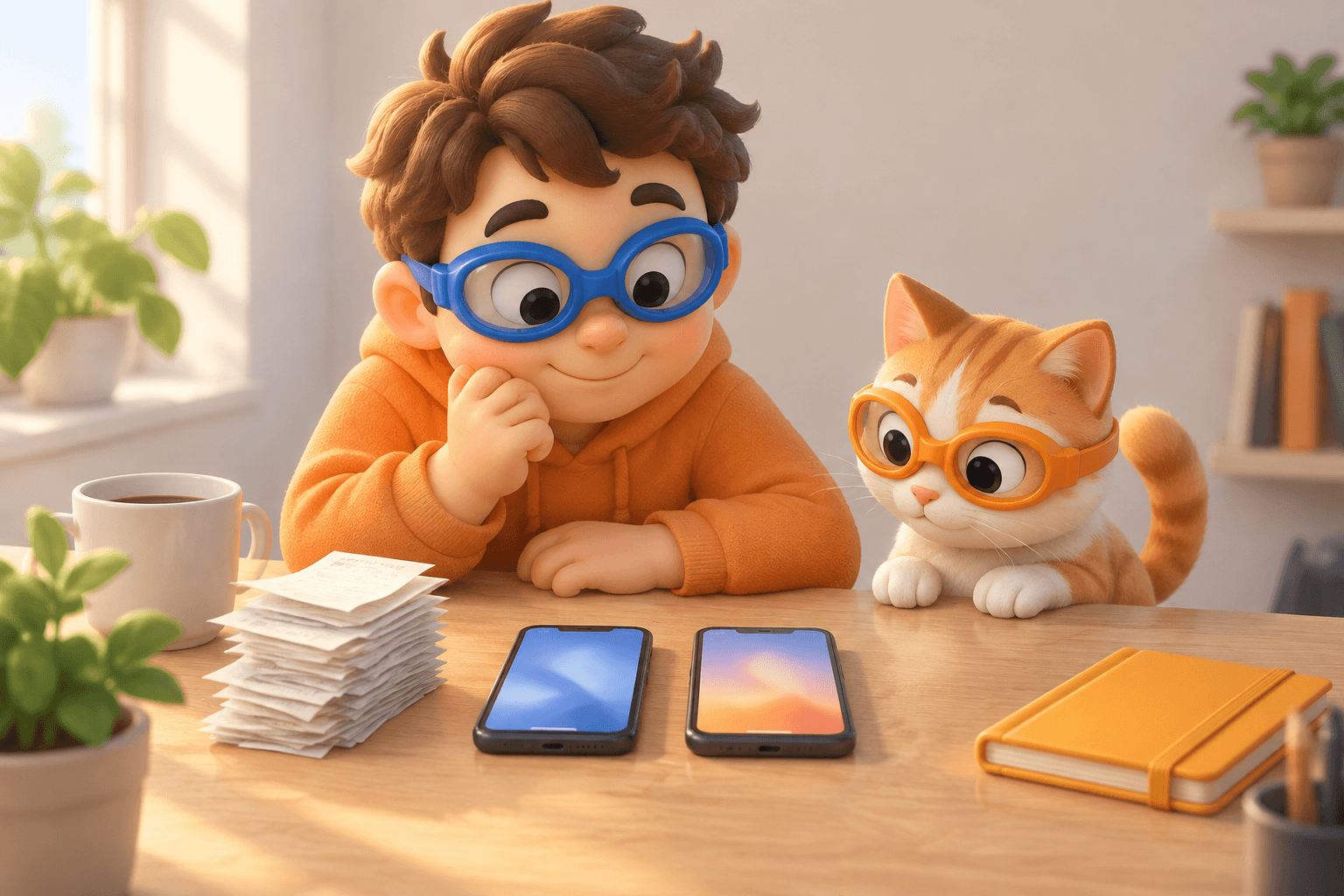 A cartoon character in blue goggles compares two smartphones at a desk beside a stack of receipts, while a cat in orange goggles watches.